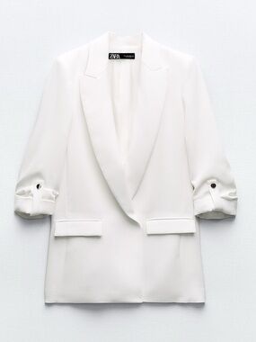 Zara White Tailored Blazer Jacket with Rolled-up Sleeves